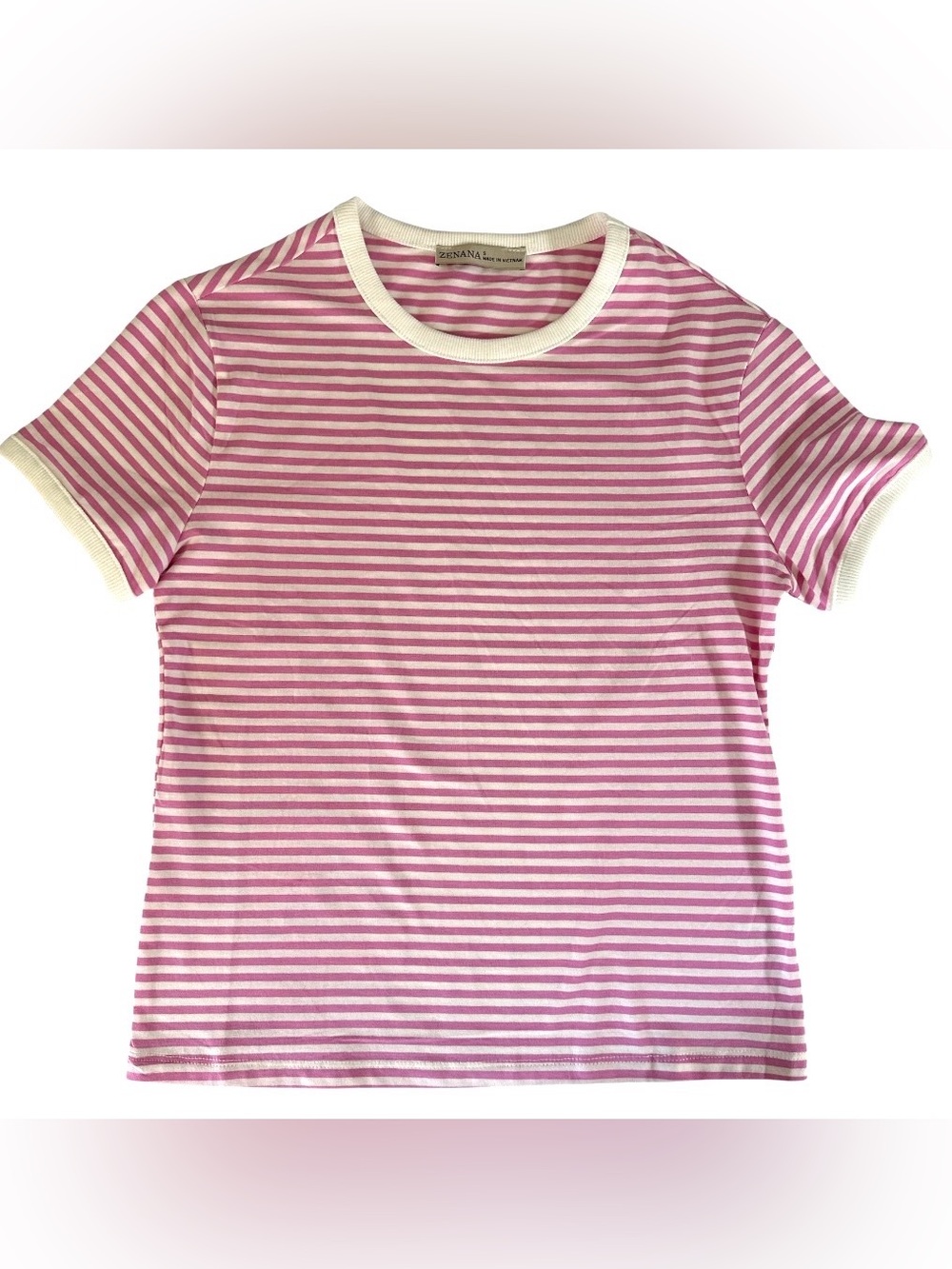 ZENANA Striped Ribbed Crewneck T - Shirt Women’s Candy Pink Sz Small Cotton - Picture 3 of 9